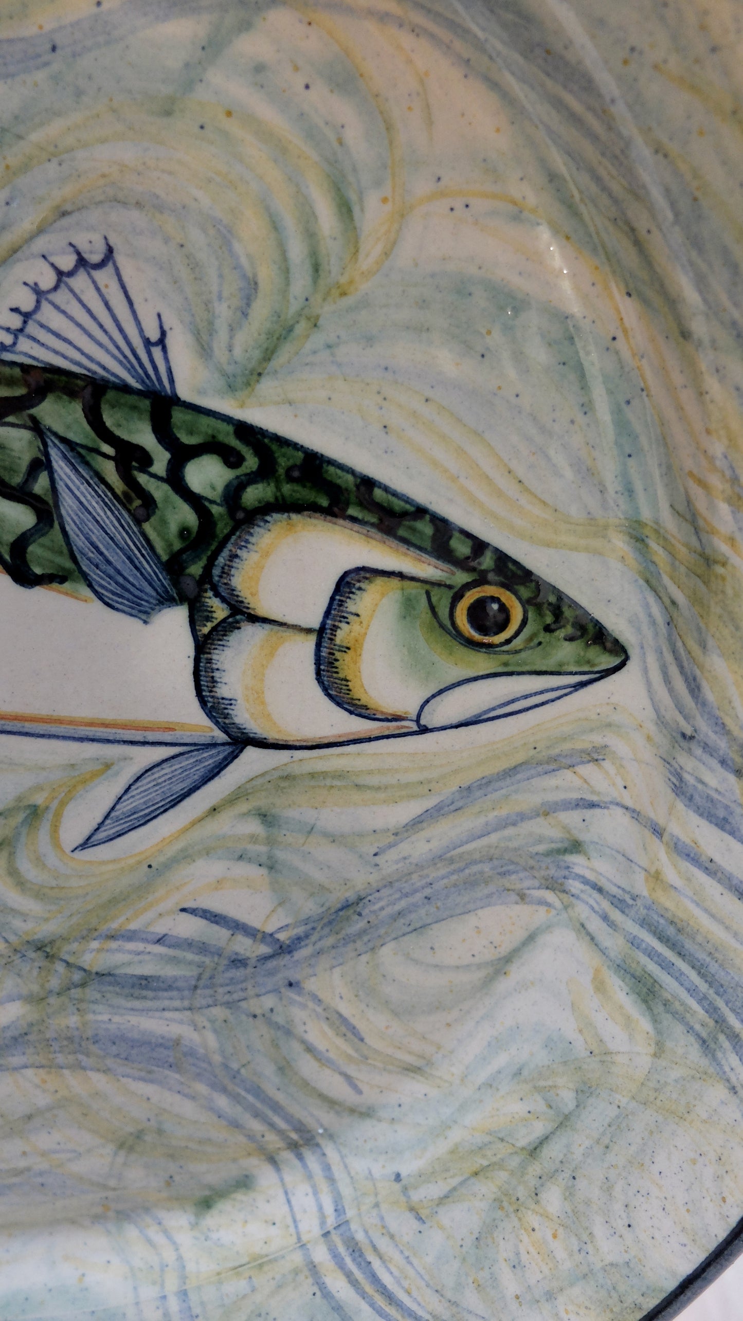 Hand thrown fish decorated pottery dish 33 cm