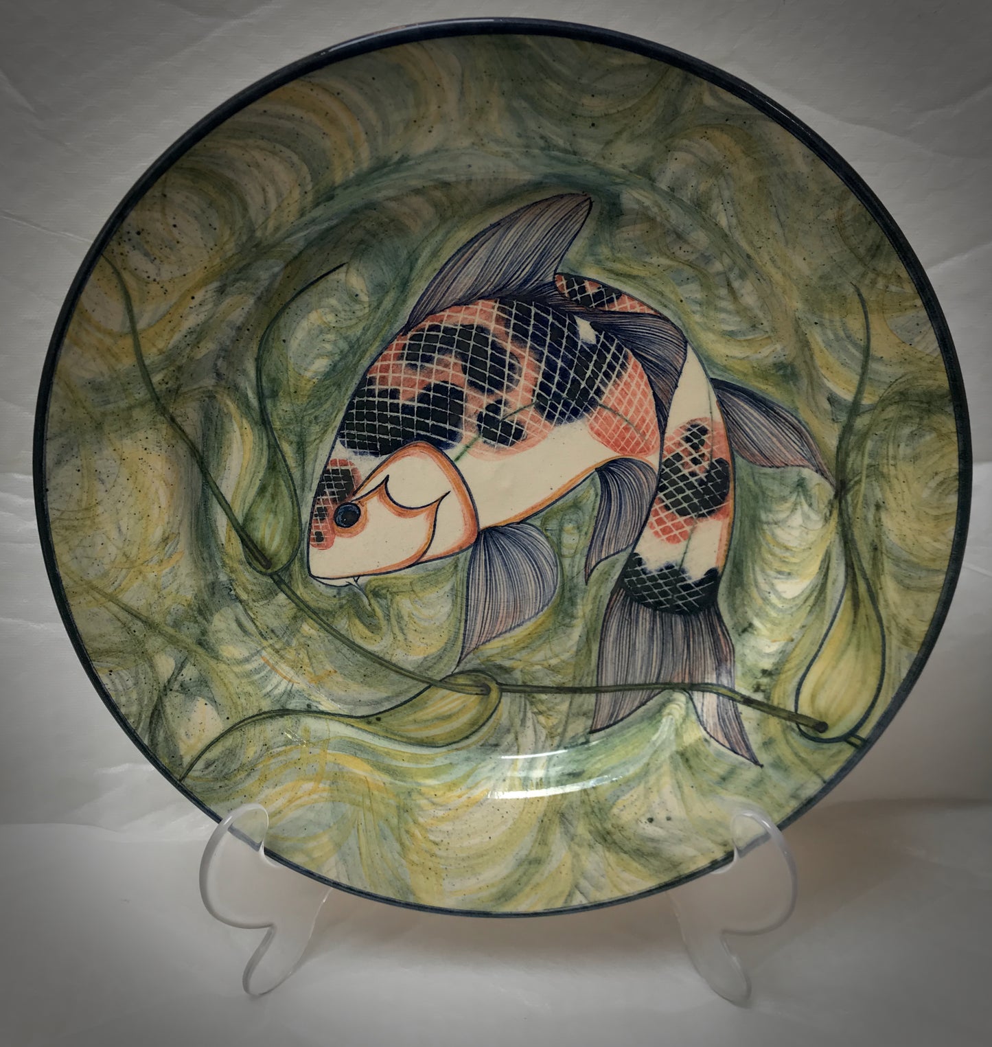 Hand thrown fish decorated dish 33 cm