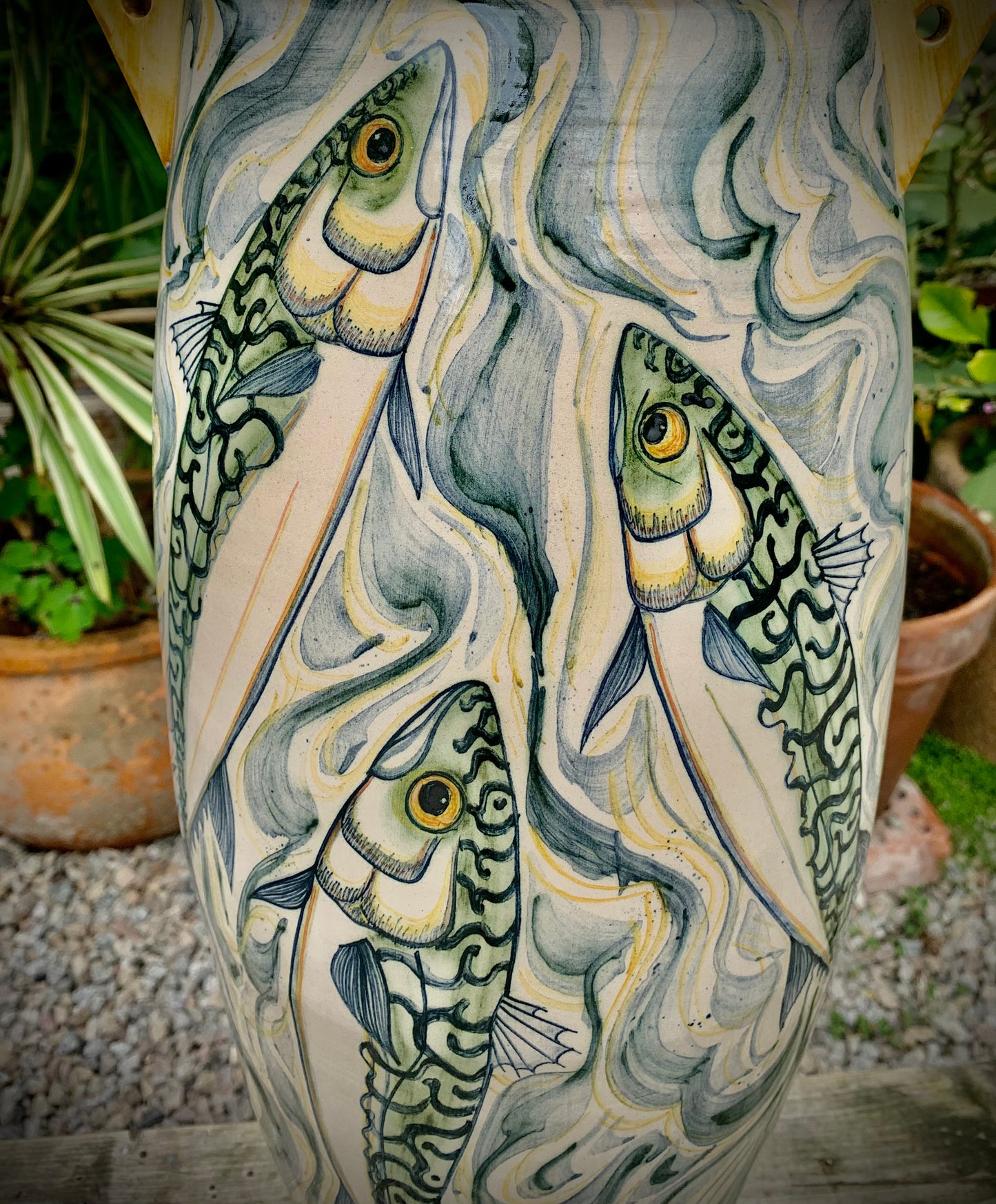 Tall mackerel decorated pottery vase 54 cm