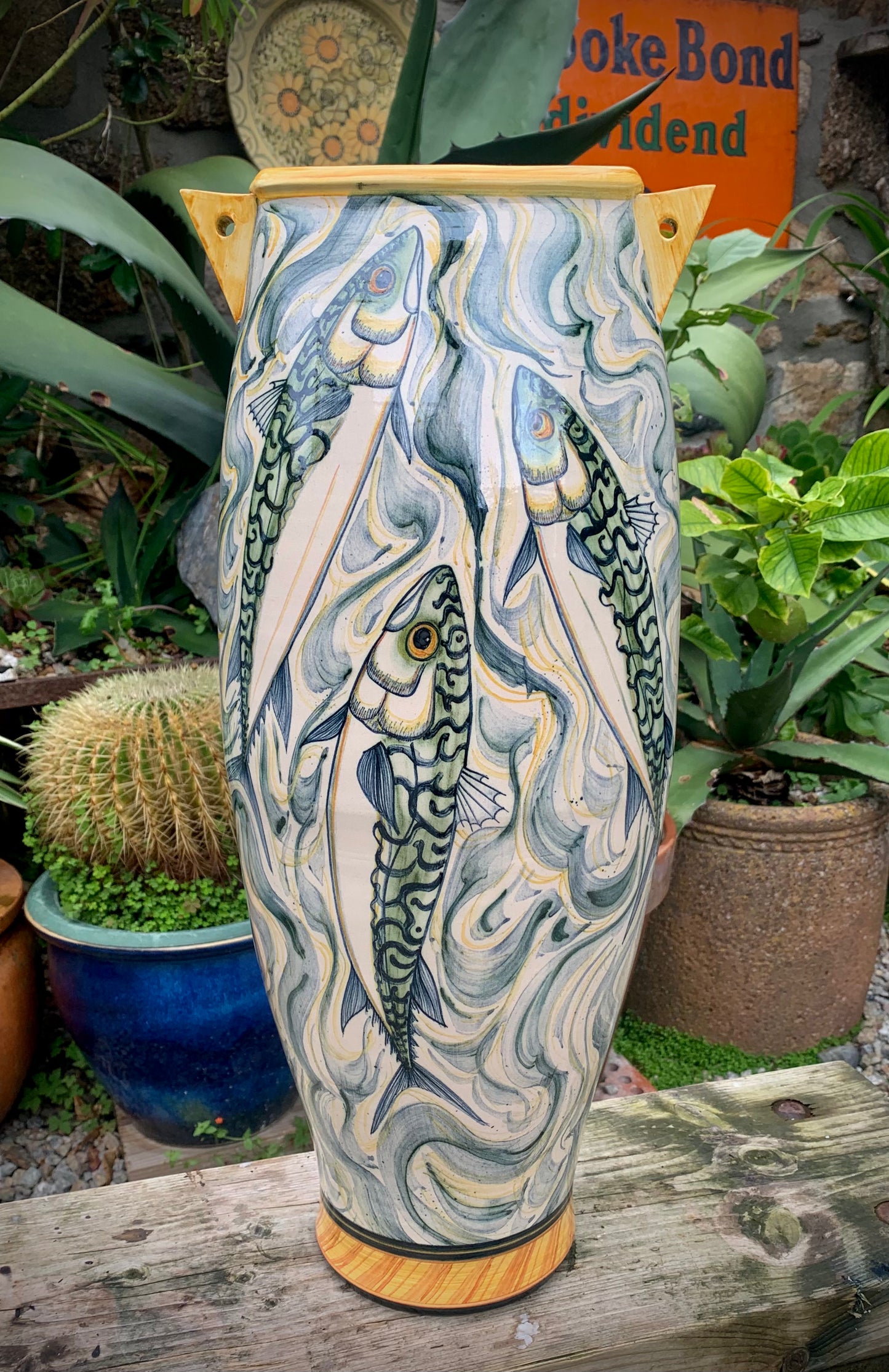 Tall mackerel decorated pottery vase 54 cm