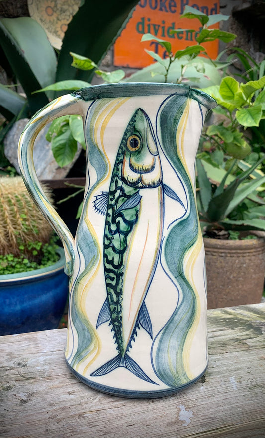 Decorated pottery jug, mackerel. 22 cm