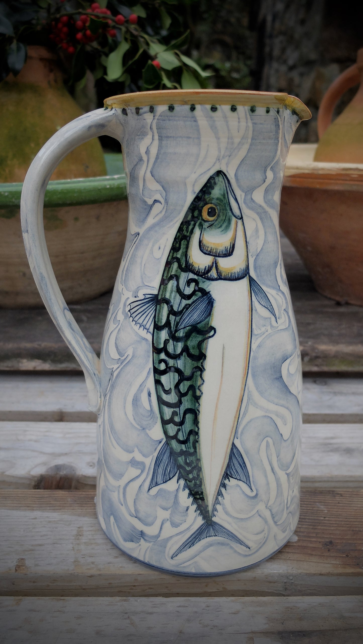 Large fish decorated jug 33cm