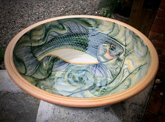 Large pottery bowl, fish decoration 35 cm
