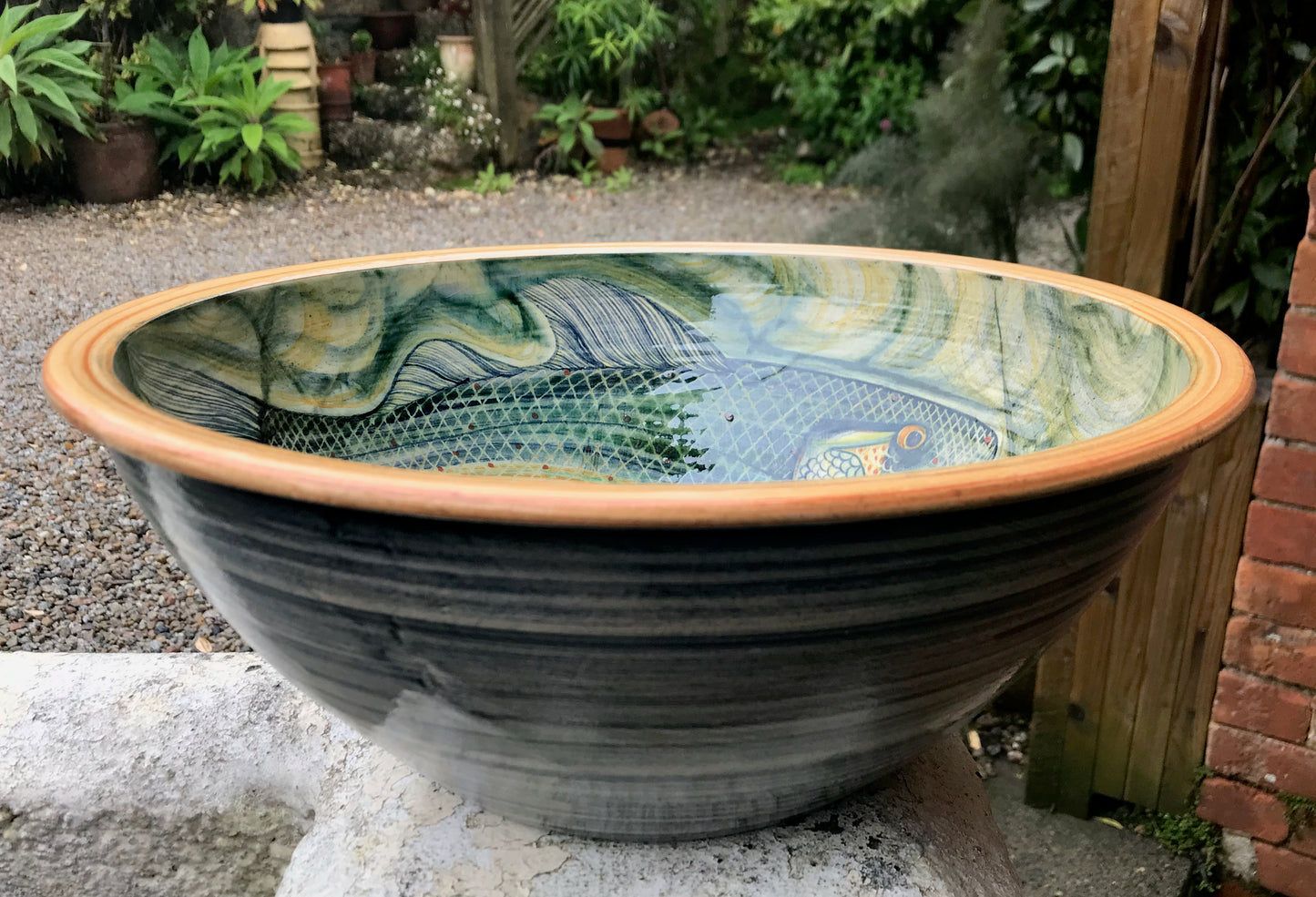 Large pottery bowl, fish decoration 35 cm