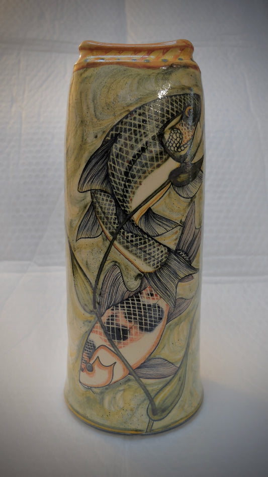 Hand thrown pottery fish decorated vase 31 cm