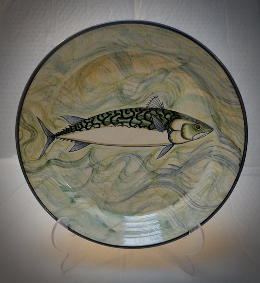 Hand thrown fish decorated pottery dish 33 cm