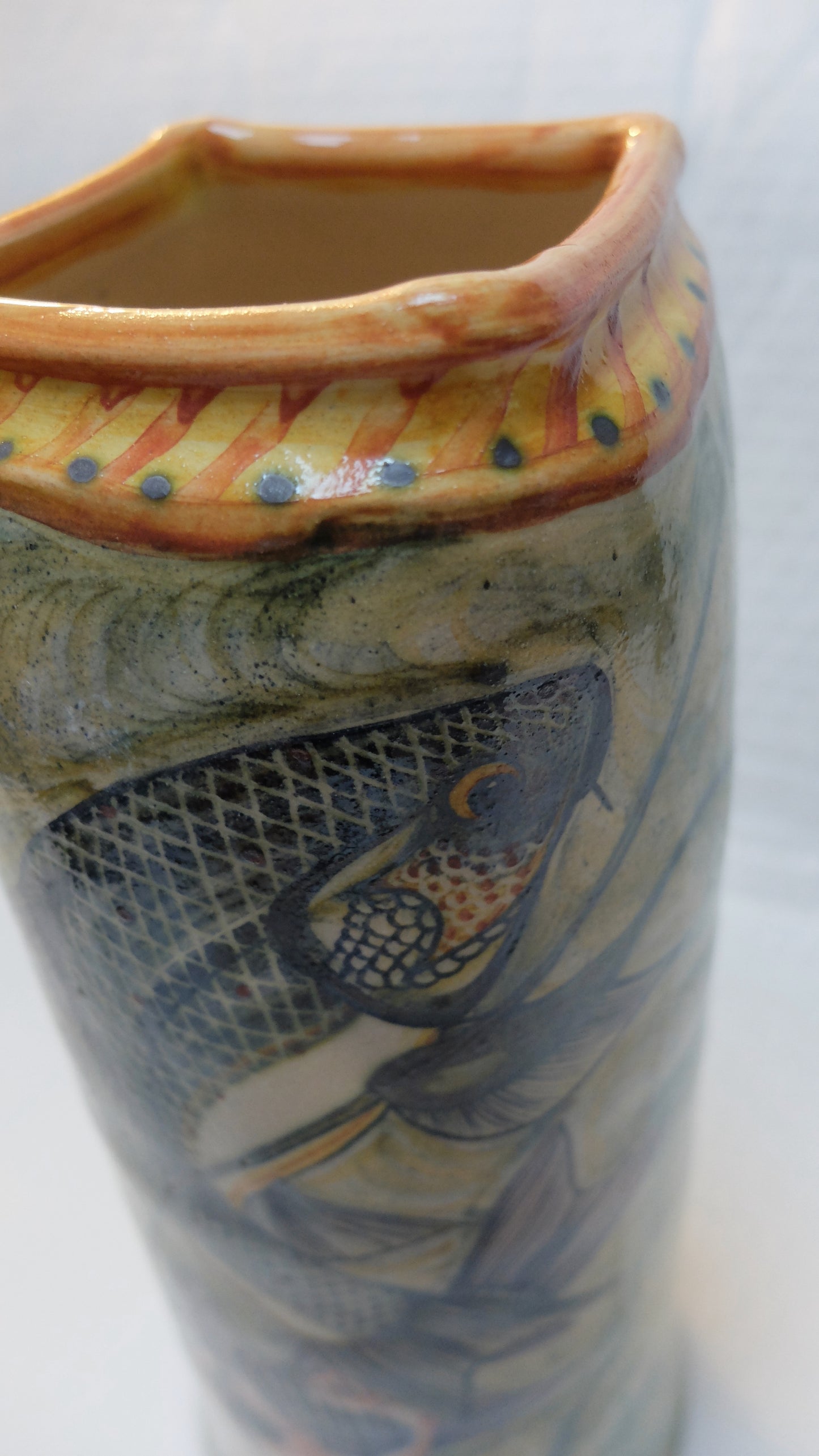 Hand thrown pottery fish decorated vase 31 cm